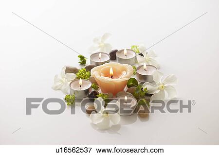Flowers and burning candles, white background View Large Photo Image Stock Photo - Flowers and burning candles, white background. Fotosearch