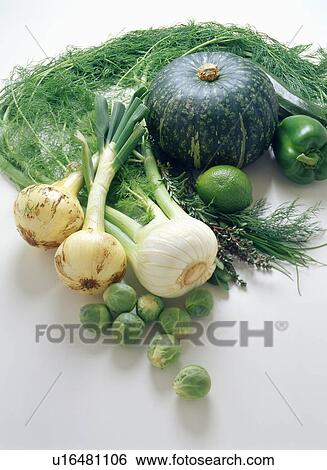Green Vegetable, Pumpkin, Green Pepper, Lime, Onion, Brussels Sprouts, Herb View Large Photo Image Stock Photograph - Green Vegetable, Pumpkin, Green Pepper, Lime, Onion, Brussels Sprouts, Herb. Fotosearch