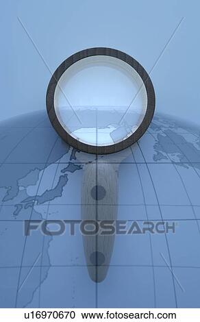 Stock Image - Hand Glass on Globe. Fotosearch
