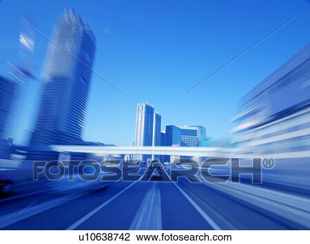 Stock Image - Highway in Tokyo, toned image, blurred motion, Tokyo prefecture, Japan. Fotosearch