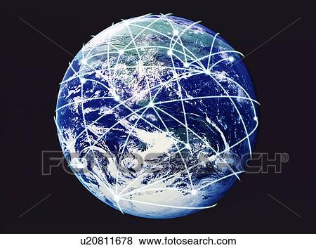 Stock Photo - Lights surrounding the earth, computer graphic, black background. Fotosearch
