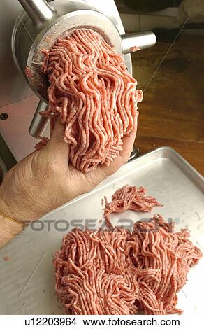 Picture - Man grinding meat, close up. Fotosearch
