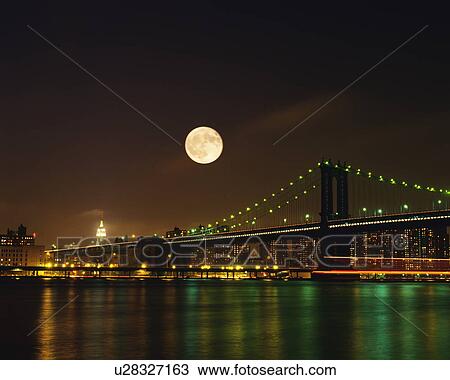 Manhattan bridge and full moon, long exposure, New York, USA View Large Photo Image Stock Image - Manhattan bridge and full moon, long exposure, New York, USA. Fotosearch