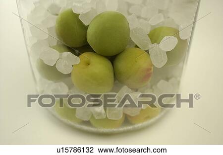 Stock Image - Plums and crystal sugar in bottle, white background. Fotosearch