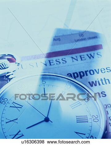 Stock Photo - Pocket watch on newspaper, close up, toned image. Fotosearch
