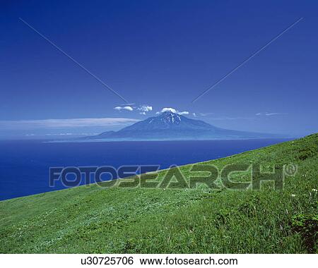 Stock Photograph - Rishiri Island seen from Reibun Island, Hokkaido Prefecture, Japan. Fotosearch