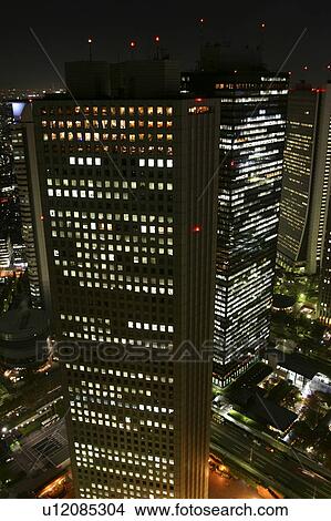 Picture - Skyscraper at night, Tokyo Prefecture, Honshu, Japan. Fotosearch