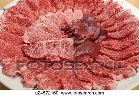 Stock Image - Sliced raw meat on plate, close up. Fotosearch