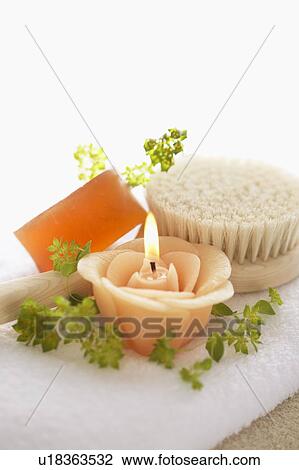 Soap, candle and back brush on white towel, white background View Large Photo Image Stock Image - Soap, candle and back brush on white towel, white background. Fotosearch