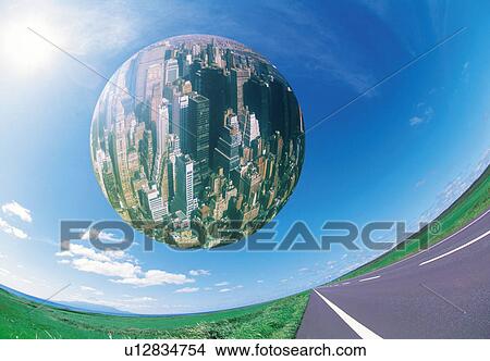 Sphere floating over driveway, view of New York city in the sphere, computer graphic, fish-eye lens View Large Photo Image Picture - Sphere floating over driveway, view of New York city in the sphere, computer graphic, fish-eye lens. Fotosearch