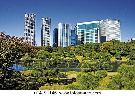 Stock Photograph - A garden and the Shiodome building group in Minato, Tokyo, Japan. Fotosearch