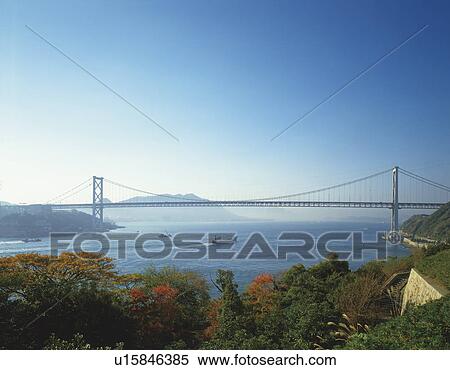 Stock Photography - Akashi-Kaikyo Bridge seen from Hinoyama park, Japan. Fotosearch