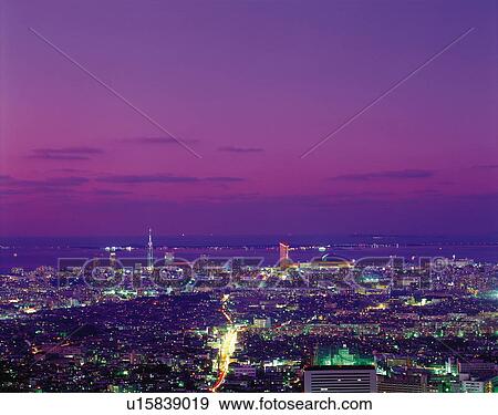 Stock Photo - Evening cityscape of Fukuoka, Fukuoka Prefecture, Japan. Fotosearch