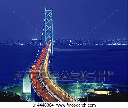 Illuminated view of the Akashi-Kaikyo Bridge, Japan View Large Photo Image Picture - Illuminated view of the Akashi-Kaikyo Bridge, Japan. Fotosearch