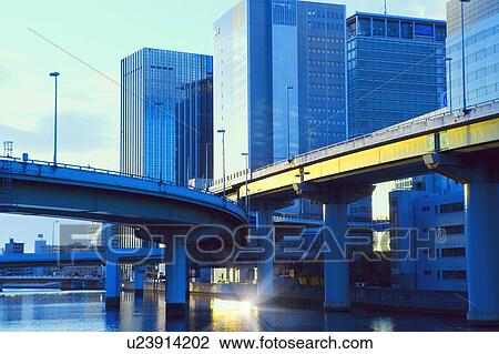 Stock Image - Nakanoshima roads and buildings, Nakanoshima, Kita-ku, Osaka, Japan . Fotosearch