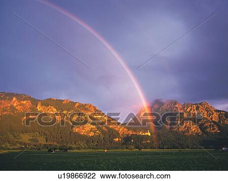 Stock Image - Rainbow over Neuschwanstein Castle, Baveria, Germany. Fotosearch