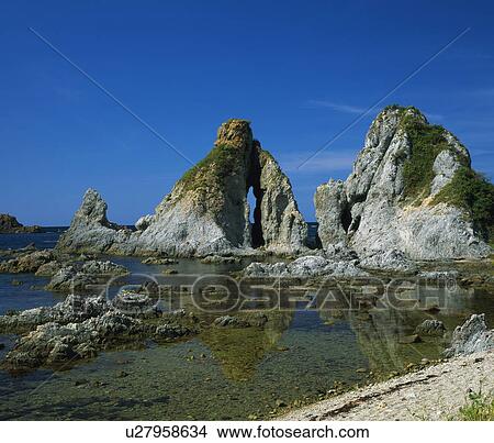 Picture - Sado Husband-and-wife rock, Shichiura seashore, Niigata Prefecture, Japan. Fotosearch