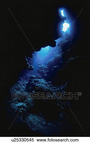 Stock Photography - Sunlight beaming into an underwater cave, Iriomote Island, Yaeyama, Okinaway Prefecture, Japan. Fotosearch
