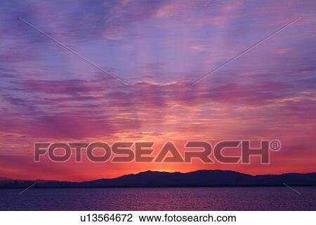Stock Image - Sunset over Lake Biwa, Shiga Prefecture, Japan. Fotosearch