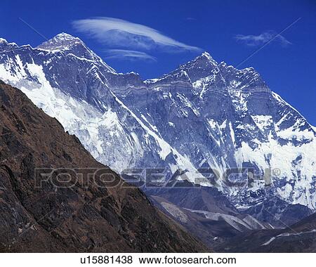 Stock Photo - The mountain range of Mount Everest and Lhotse in Nepal. Fotosearch