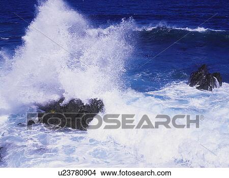 Waves breaking against rocks, Genkainada, Fukuoka Prefecture, Japan View Large Photo Image Picture - Waves breaking against rocks, Genkainada, Fukuoka Prefecture, Japan. Fotosearch
