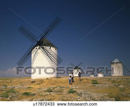 Stock Image - Windmills in La Mancha, Spain. Fotosearch