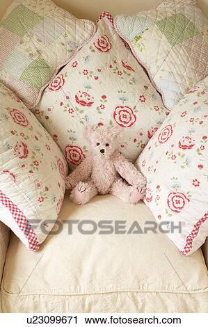 Cushions On Chair With Teddy Bear View Large Photo Image Stock Image - Cushions On Chair With Teddy Bear. Fotosearch