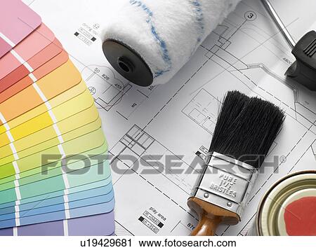 Decorating Equipment On House Plans View Large Photo Image Stock Image - Decorating Equipment On House Plans. Fotosearch
