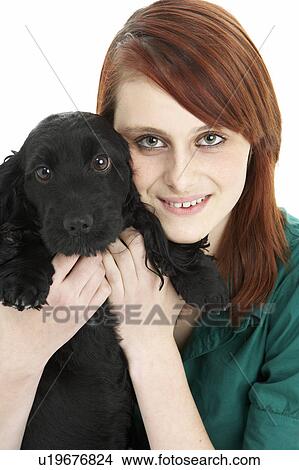 Girl With Black Spaniel Puppy View Large Photo Image Picture - Girl With Black Spaniel Puppy. Fotosearch