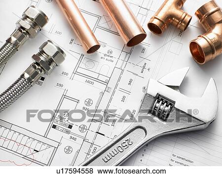 Plumbing Equipment On House Plans View Large Photo Image Stock Photo - Plumbing Equipment On House Plans. Fotosearch