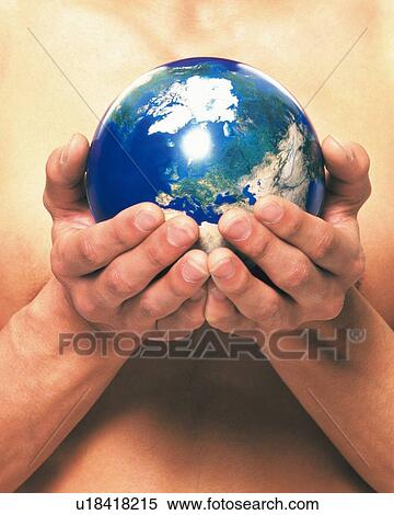 Topless man holding and a globe with both hands at chest, Front View View Large Photo Image Stock Photography - Topless man holding and a globe with both hands at chest, Front View. Fotosearch
