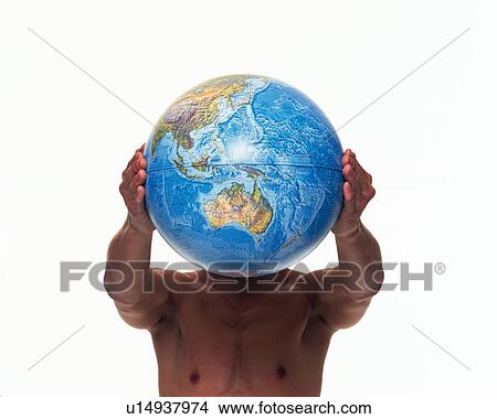Topless man holding and raising a globe with both hands, Front View View Large Photo Image Picture - Topless man holding and raising a globe with both hands, Front View. Fotosearch