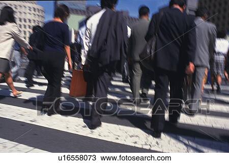 Stock Image - Business people crossing at the crosswalk, rear view, blurred motion, Tokyo, Japan. Fotosearch