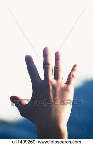 Stock Image - Back of hand up in the air, Low Angle View. Fotosearch