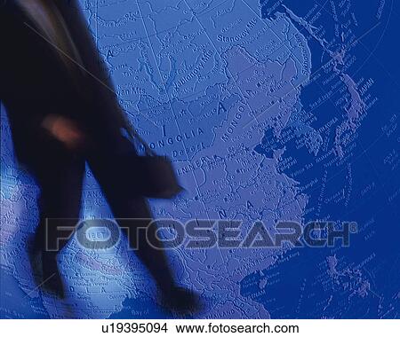 Picture - Businessman and globe, CG, composition, blurred motion. Fotosearch