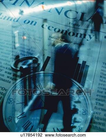 Stock Image - Businessman getting on train, with image of clock on newspaper, CG, composition, blurred motion. Fotosearch