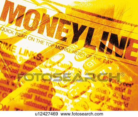Stock Photo - Businessman holding mobile phone with image of financial press, CG, composition, close up, toned image. Fotosearch