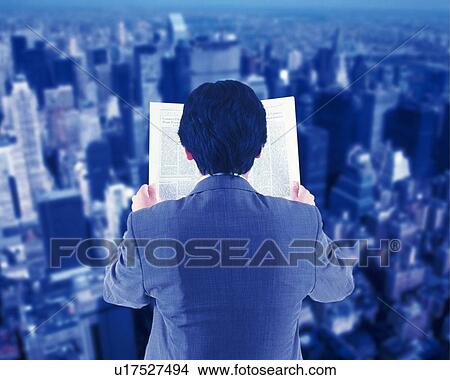 Picture - Businessman holding newspaper and image of buildings, rear view, CG, composition. Fotosearch