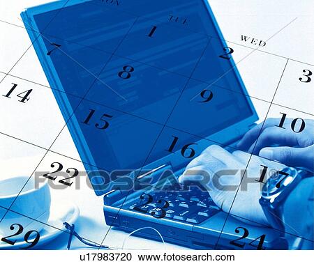 Stock Image - Businessman using laptop in office and image of calendar, CG, composition, toned image, high angle view. Fotosearch