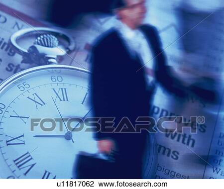 Stock Image - Businessman with image of clock and newspaper, CG, composition, blurred motion, toned image. Fotosearch
