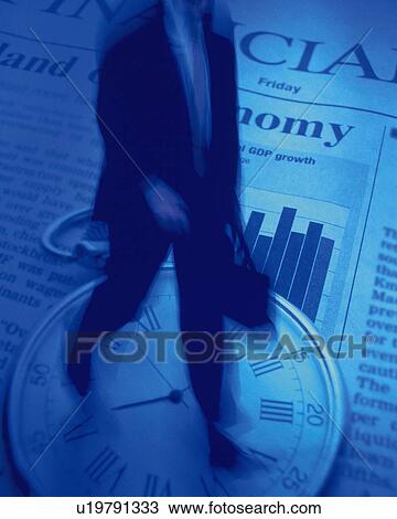 Stock Image - Businessman with image of clock and financial press, CG, composition, blurred motion, toned image. Fotosearch