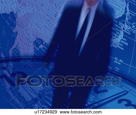Businessman with image of clock and globe, CG, composition, blurred motion, toned image View Large Photo Image Stock Photo - Businessman with image of clock and globe, CG, composition, blurred motion, toned image. Fotosearch
