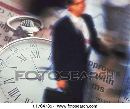 Stock Photo - Businessman with image of clock and newspaper, CG, composition, blurred motion. Fotosearch