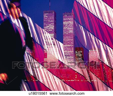 Stock Image - Businessman with image of high-rise buildings in New York City, NY, USA, CG, composition, blurred motion. Fotosearch