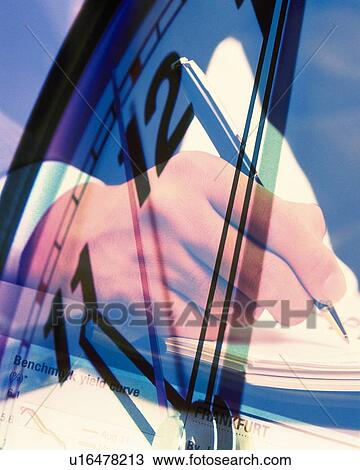 Stock Image - Businessman writing down on personal organizer and image of clock, CG, composition, close up. Fotosearch