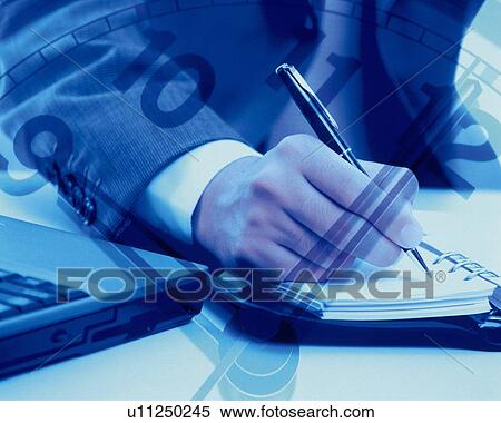 Businessman writing down on personal organizer and image of clock, CG, composition, toned image View Large Photo Image Stock Photography - Businessman writing down on personal organizer and image of clock, CG, composition, toned image. Fotosearch