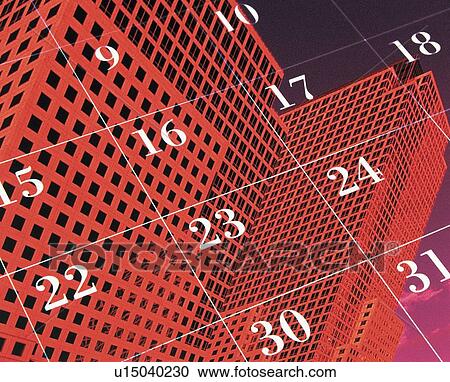 Stock Image - Calendar and high-rise buildings, CG, composition, low angle view. Fotosearch