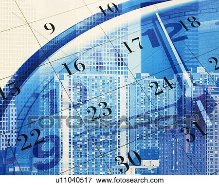 Clock and calendar with image of high-rise buildings, CG, composition View Large Photo Image Stock Photo - Clock and calendar with image of high-rise buildings, CG, composition. Fotosearch