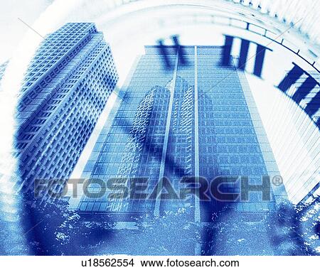 Clock and high-rise buildings, CG, composition, low angle view, toned image View Large Photo Image Picture - Clock and high-rise buildings, CG, composition, low angle view, toned image. Fotosearch