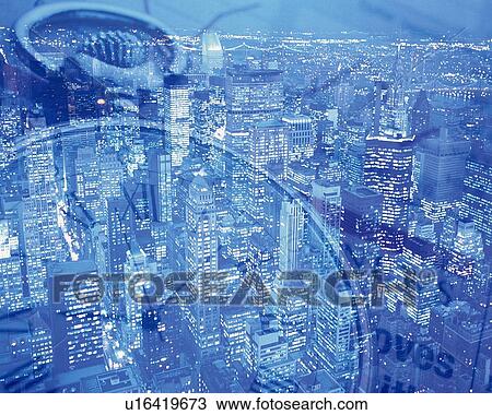 Stock Image - Clock and high-rise buildings in New York City, NY, USA, CG, composition, toned image. Fotosearch
